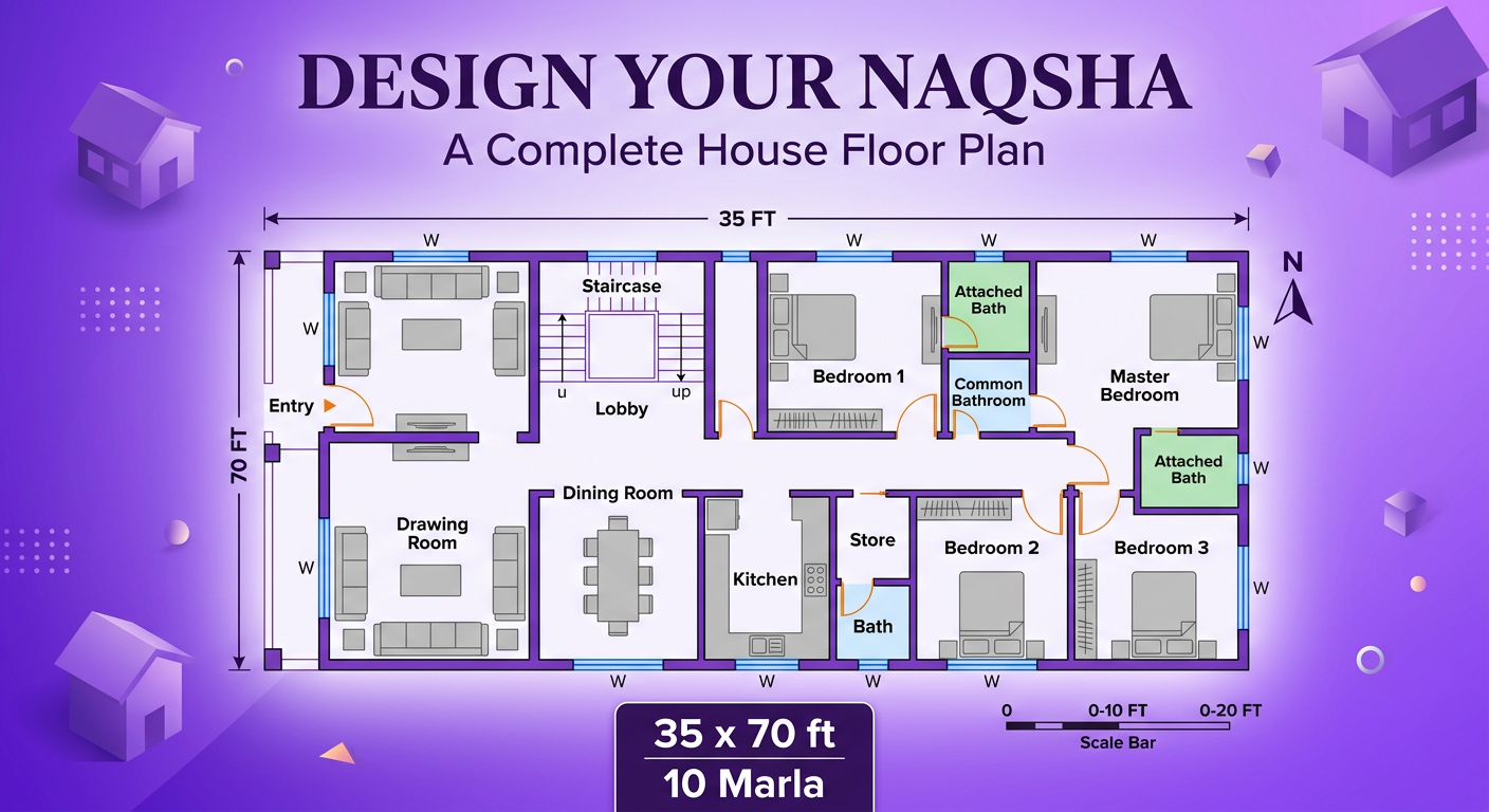 10 Marla House Plan 35×70 Detailed Floor Map Design